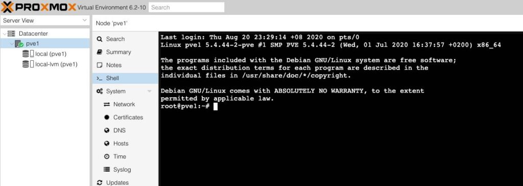 Screenshot of the Proxmox virtual environment showing the location of the Shell tab.